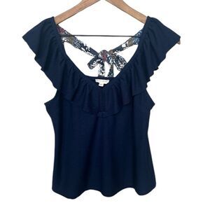 Hem & Thread Navy Blue Ruffle Neckline Tie Back Shirt Size Small